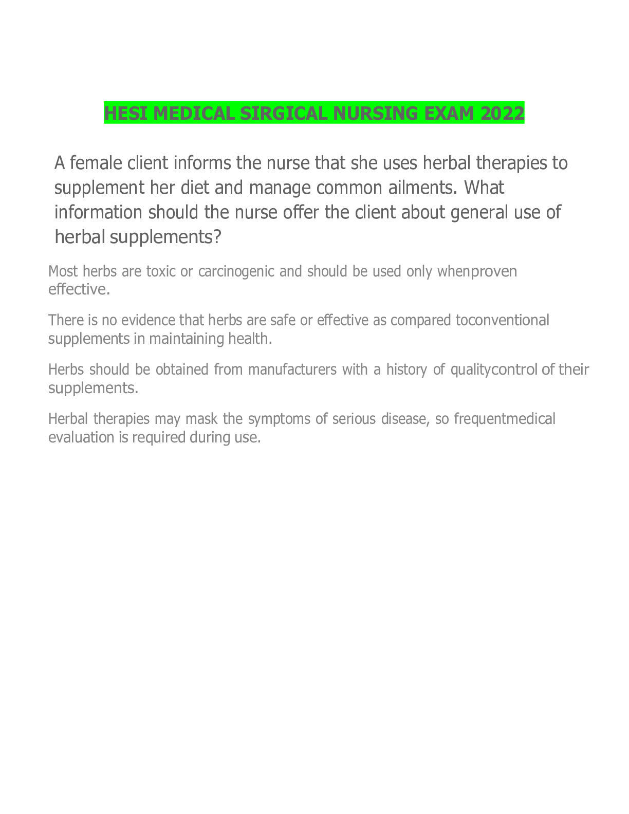 Preview image for HESI MEDICAL SIRGICAL NURSING EXAM 2022